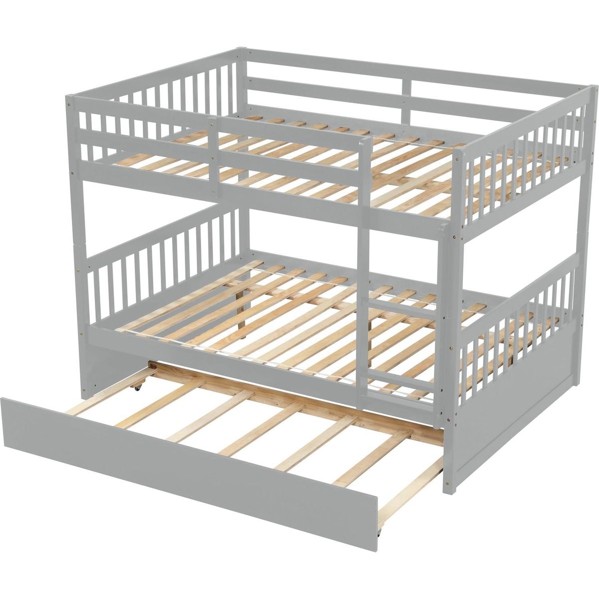 Full Over Full Bunk Bed with Trundle, Convertible to 2 Full Size Platform Bed, Full Size Bunk Bed with Ladder and Safety Rails for Kids, Teens, Adults,Grey