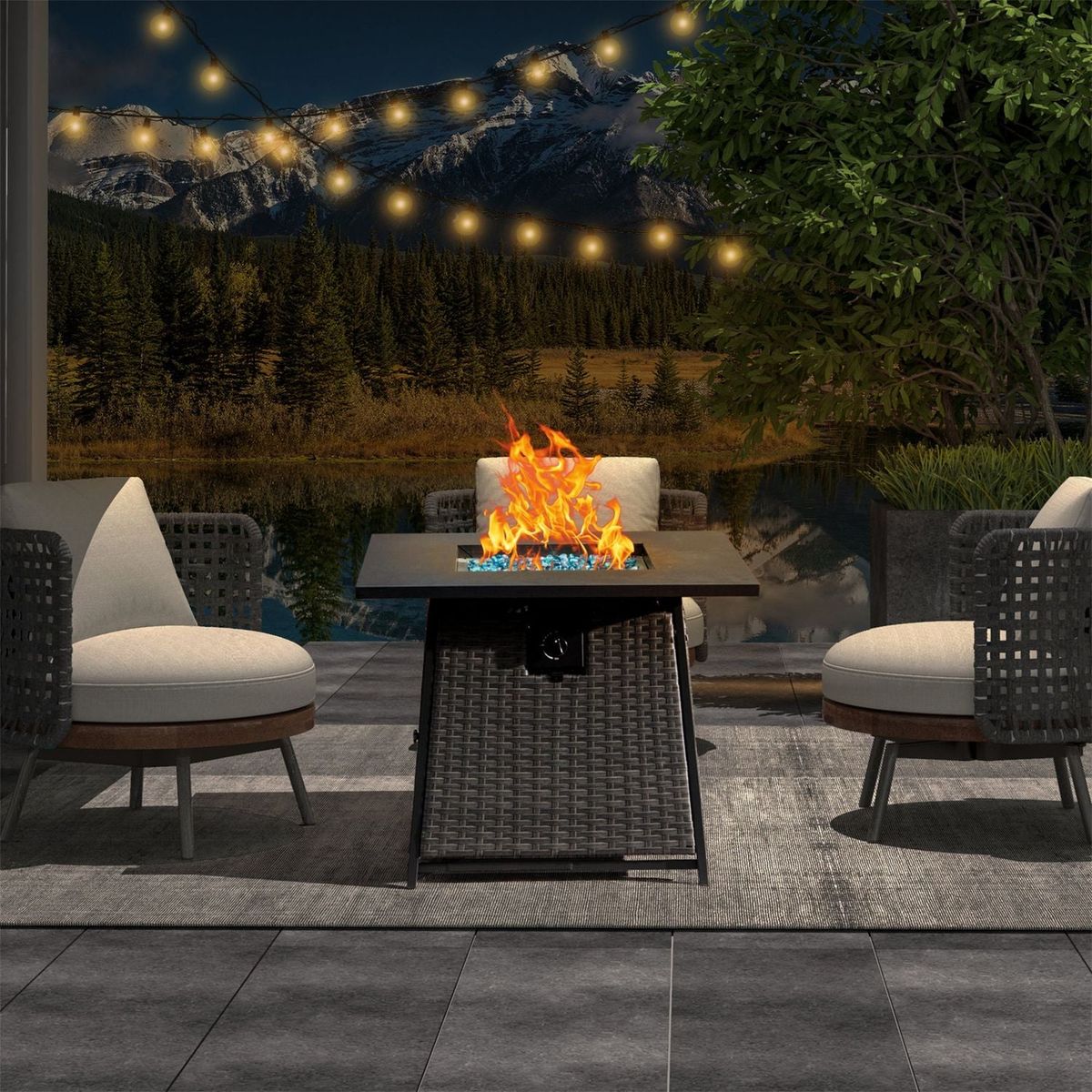 32 Inch Propane Fire Pits Table with Blue Glass Ball, 50,000 BTU Outdoor Wicker Fire Table with ETL-Certified, 2-in-1 Square Steel Gas Firepits (Dark Gray)