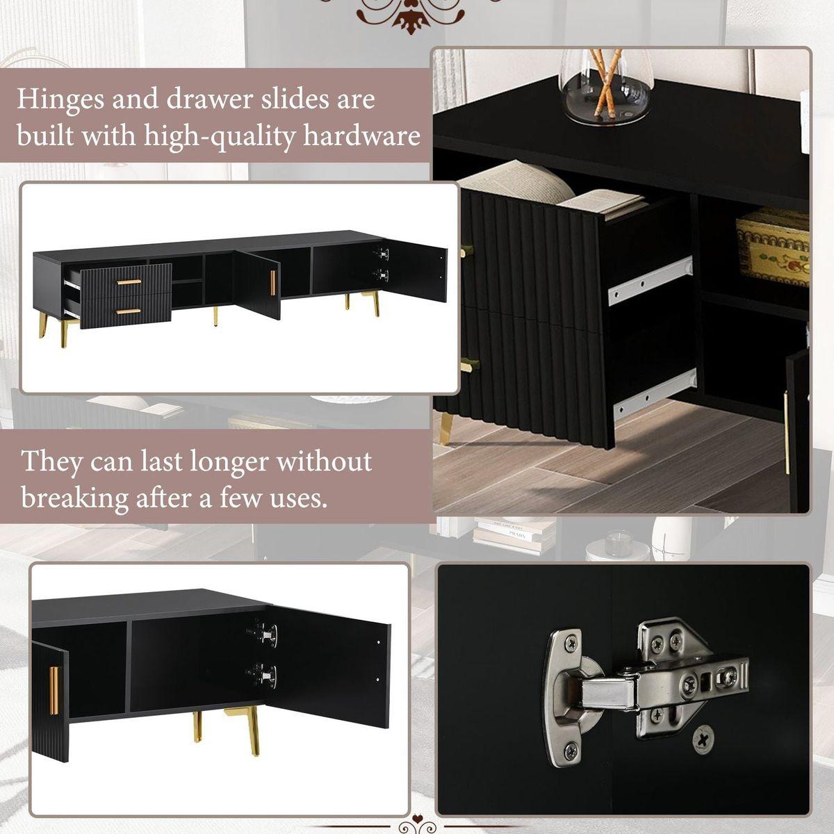 Modern TV Stand with 5 Champagne legs - Durable, stylish, spacious, versatile storage TVS up to 77" (Black)