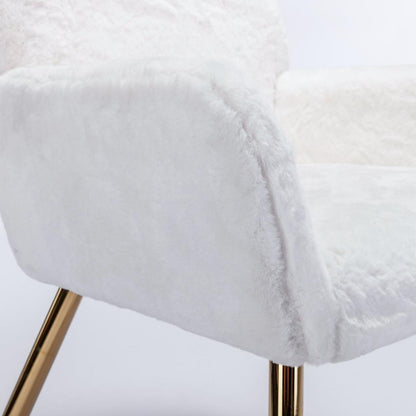 Artificial Rabbit Hair Dining Chair, Furry Desk Chair, Modern Faux Fur Chair for Teen Girls, Comfy Armchair with Golden Metal Legs for Living Room, Vanity Makeup Chair, Set of 2, White Rabbit Hair