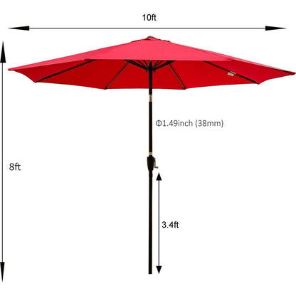 Outdoor Patio Umbrella 10FT(3m) WITHOUT FLAP, 8pcs ribs,with tilt, with crank,without base, Red,pole size 38mm(1.49inch)