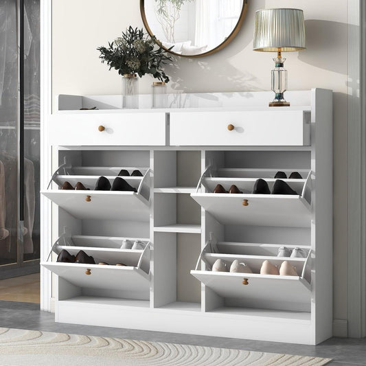 Modern Shoe Cabinet with 4 Flip Drawers, Multifunctional 2-Tier Shoe Storage Organizer with Drawers, Free Standing Shoe Rack for Entrance Hallway, White.