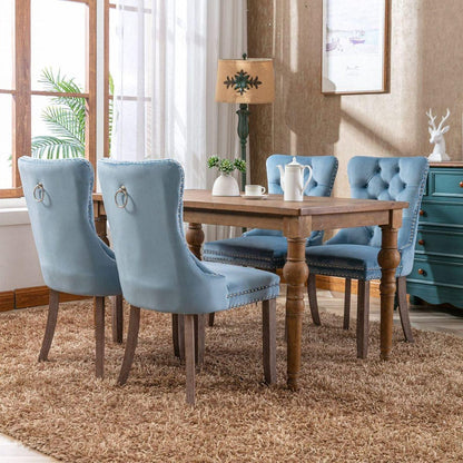 Nikki Collection Modern, High-end Tufted Solid Wood Contemporary Velvet Upholstered Dining Chair with Wood Legs Nailhead Trim 2-Pcs Setight Blue