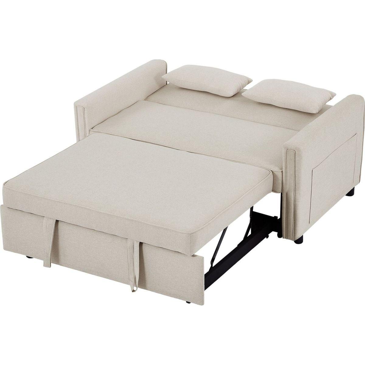 Modern Linen Convertible Loveseat Sleeper Sofa Couch with Adjustable Backrest, 2 Seater Sofa With Pull-Out Bed with 2 Lumbar Pillows For Small Living Room & Apartment