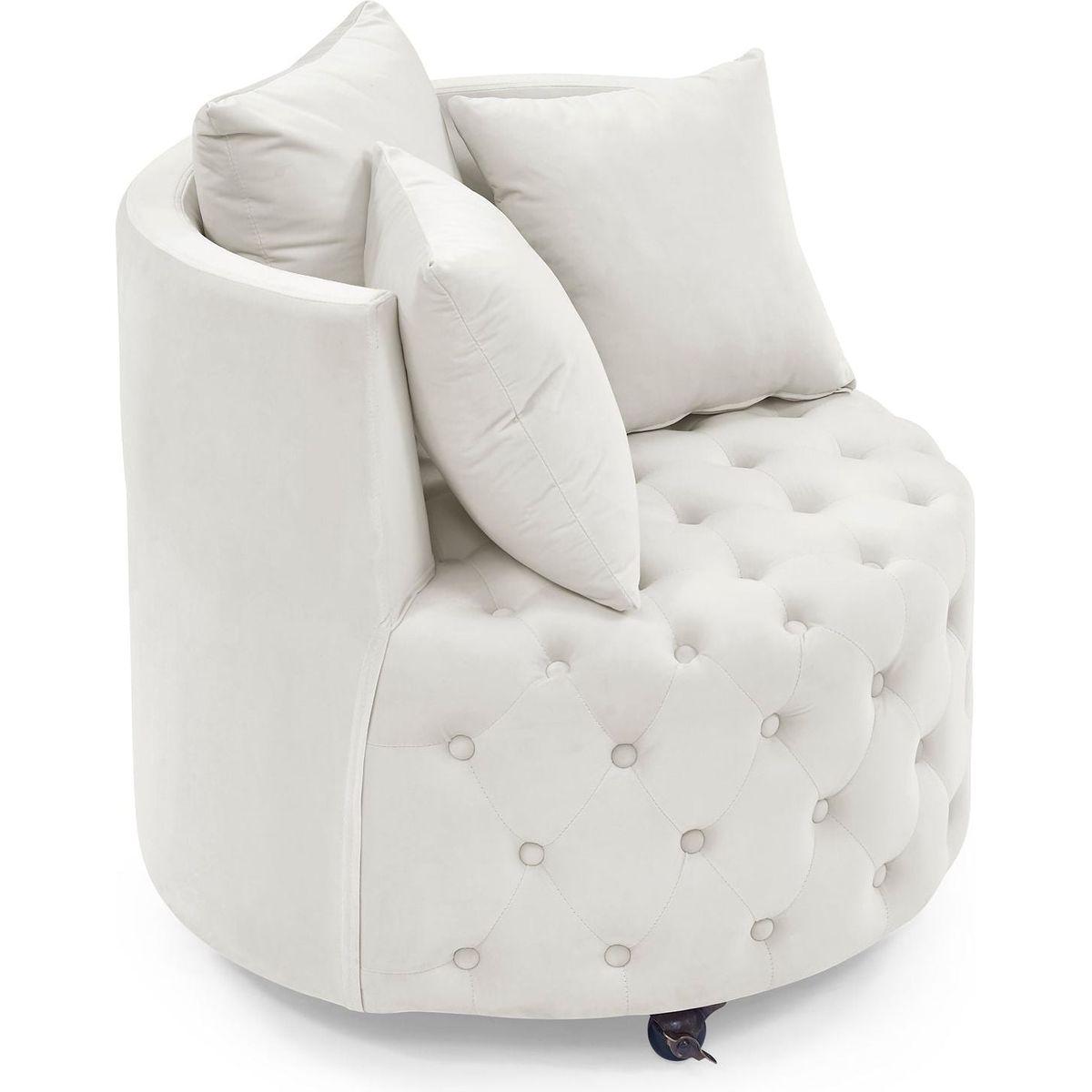 Velvet Upholstered Swivel Chair for Living Room, with Button Tufted Design and Movable Wheels, Including 3 Pillows, Beige