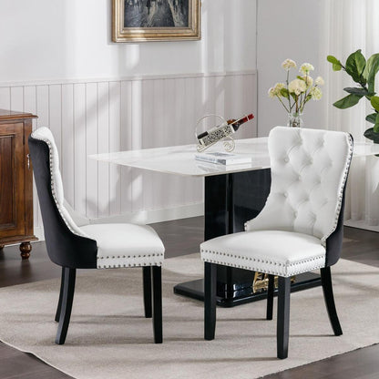 Nikki Collection Modern, High-end Tufted Solid Wood Contemporary PU and Velvet Upholstered Dining Chair with Wood Legs Nailhead Trim 2-Pcs Set White+Black