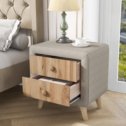 Upholstered Wooden Nightstand with 2 Drawers, Fully Assembled Except Legs and Handles, Bedside Table with Rubber Wood Leg-Beige