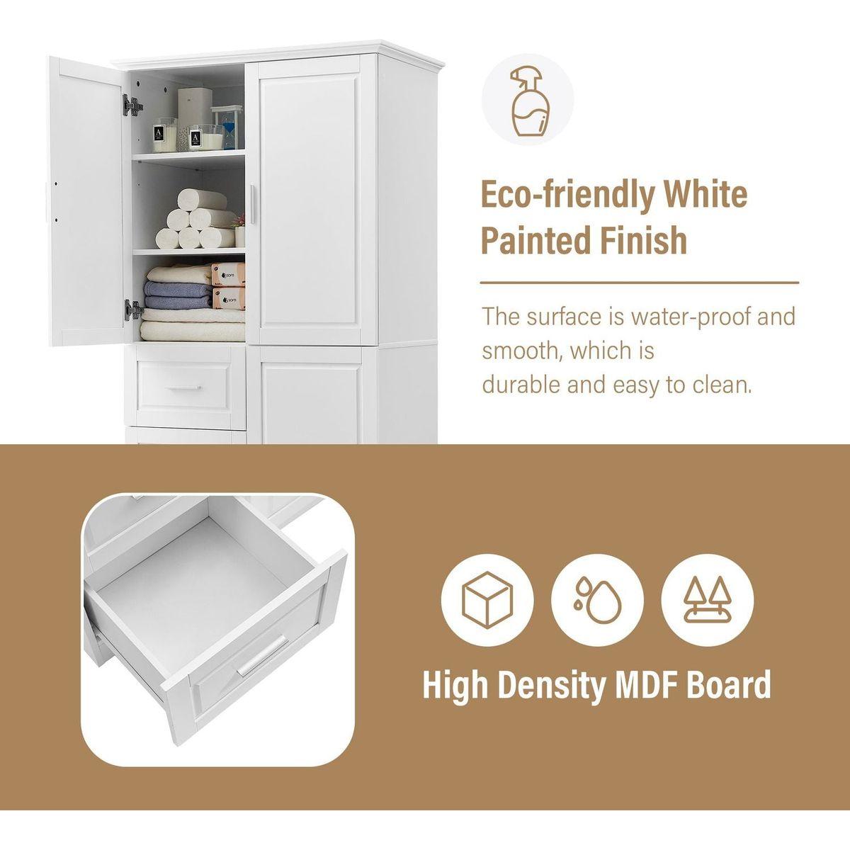 Tall and Wide Storage Cabinet with Doors for Bathroom/Office, Three Drawers, White