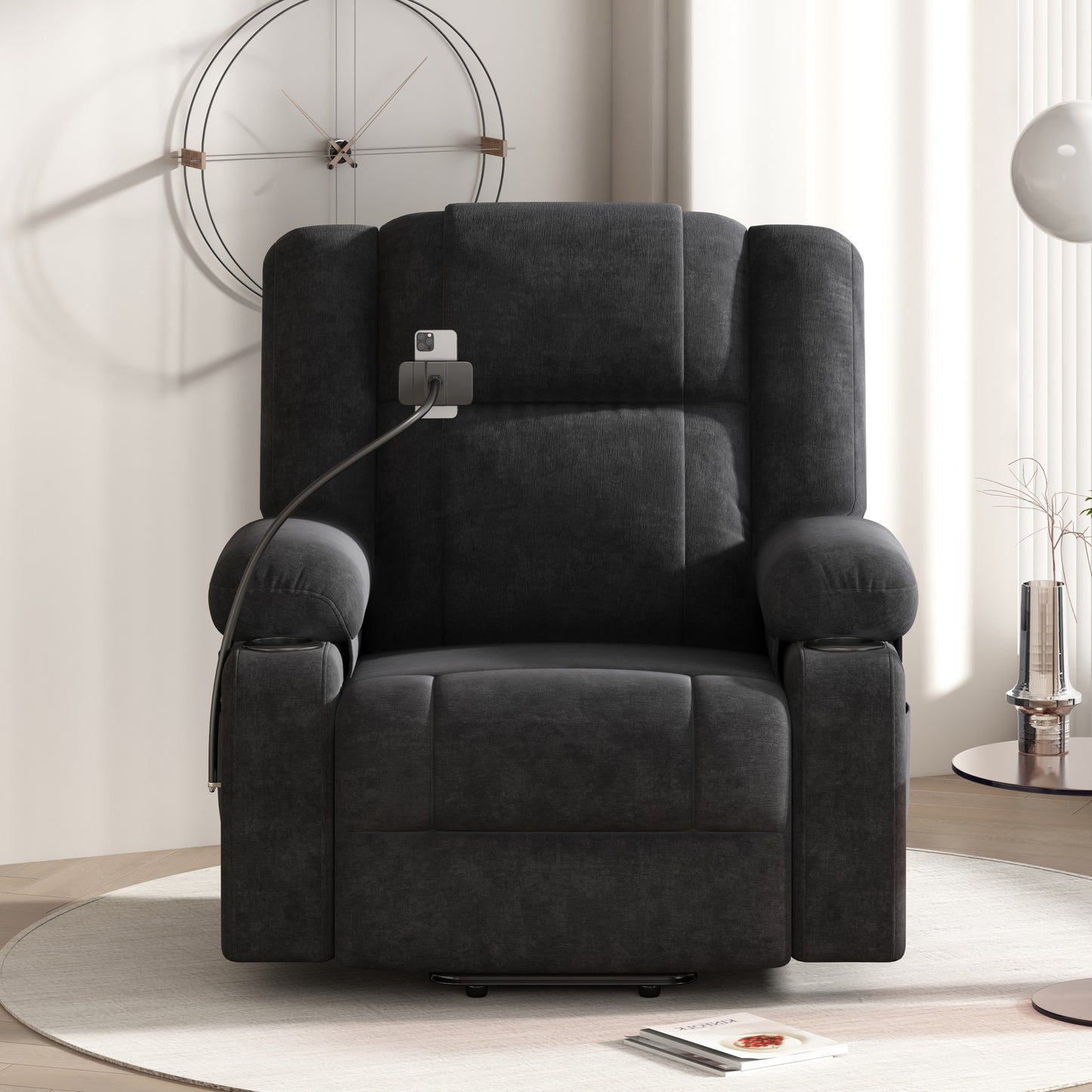 Power Lift Recliner Chair Electric Recliner for Elderly Recliner Chair with Massage and Heating Functions, Remote, Phone Holder Side Pockets and Cup Holders for Living Room, Black