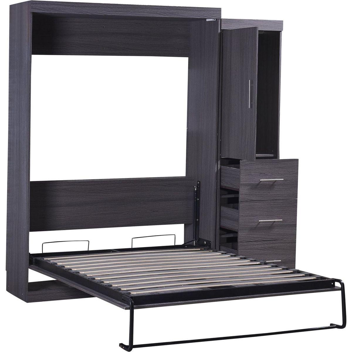Full Size Murphy Bed with Wardrobe and Drawers, Storage Bed, can be Folded into a Cabinet, Gray