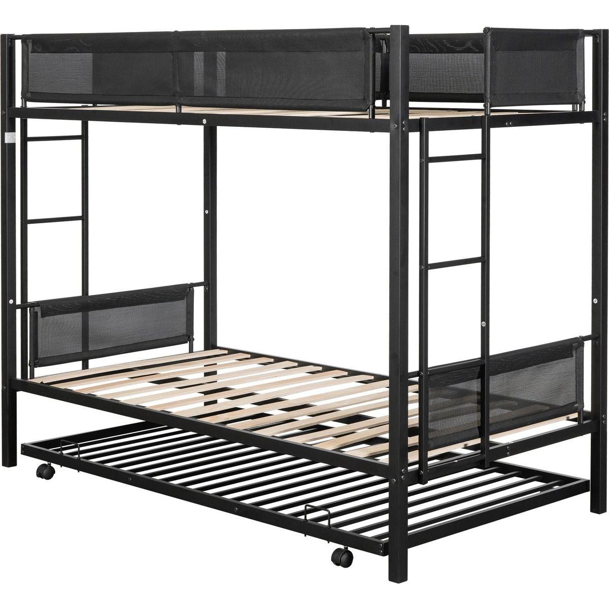 Twin over twin bunk bed with trundle (Wood Slat and Textilene Guardrail)