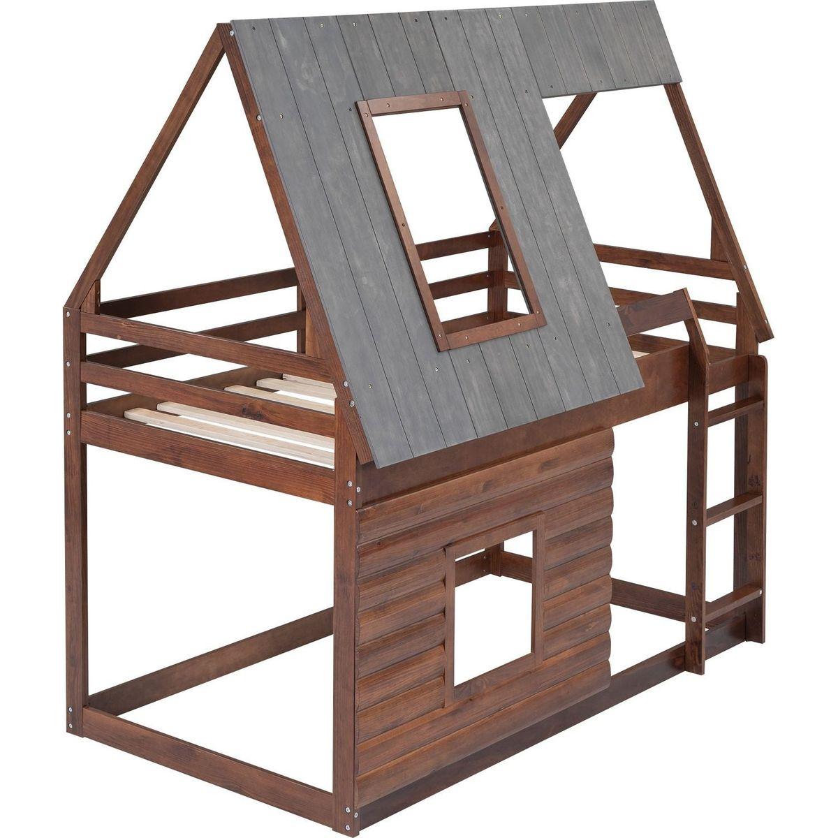 Wood Twin Size House Bunk Bed with Roof, Ladder and 2 Windows, Oak & Smoky Grey