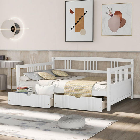 Full Size Daybed Wood Bed with Two Drawers, White