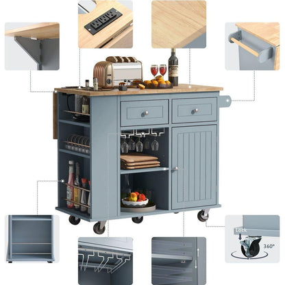 Kitchen Island with Power Outlet,Kitchen Storage Island with Drop Leaf and Rubber Wood,Open Storage and Wine Rack,5 Wheels,with Adjustable Storage for Home, Kitchen, and Dining Room, Grey Blue