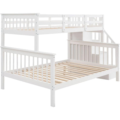 Stairway Twin-Over-Full Bunk Bed with Storage and Guard Rail for Bedroom, White color