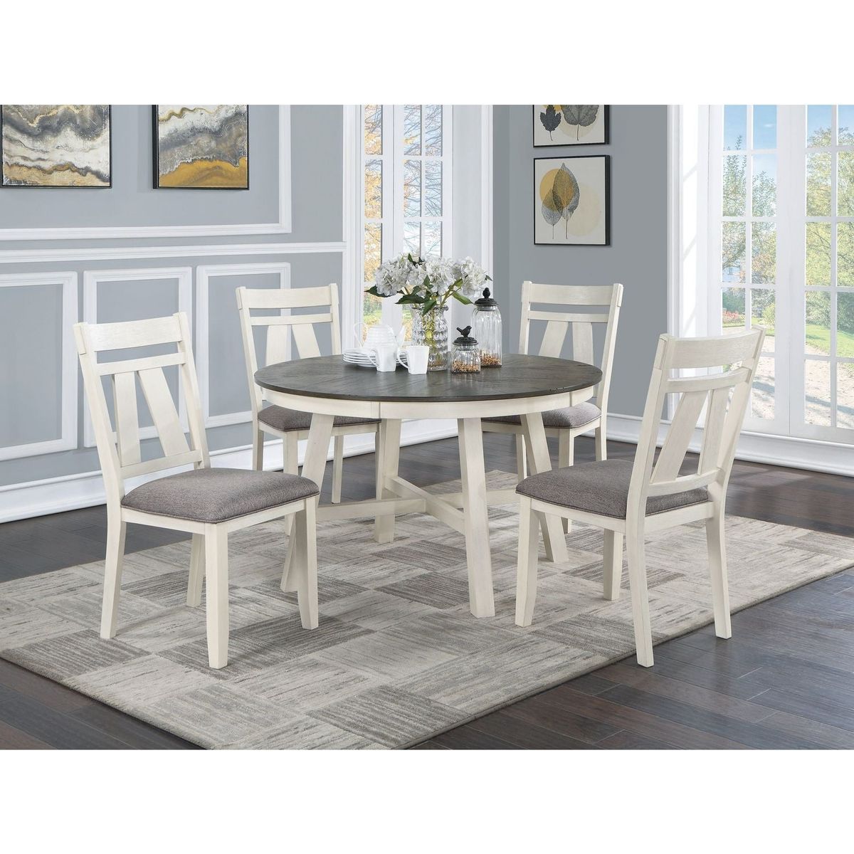 Dining Room Furniture Set of 2 Chairs Gray Fabric Cushion Seat White Clean Lines Side Chairs