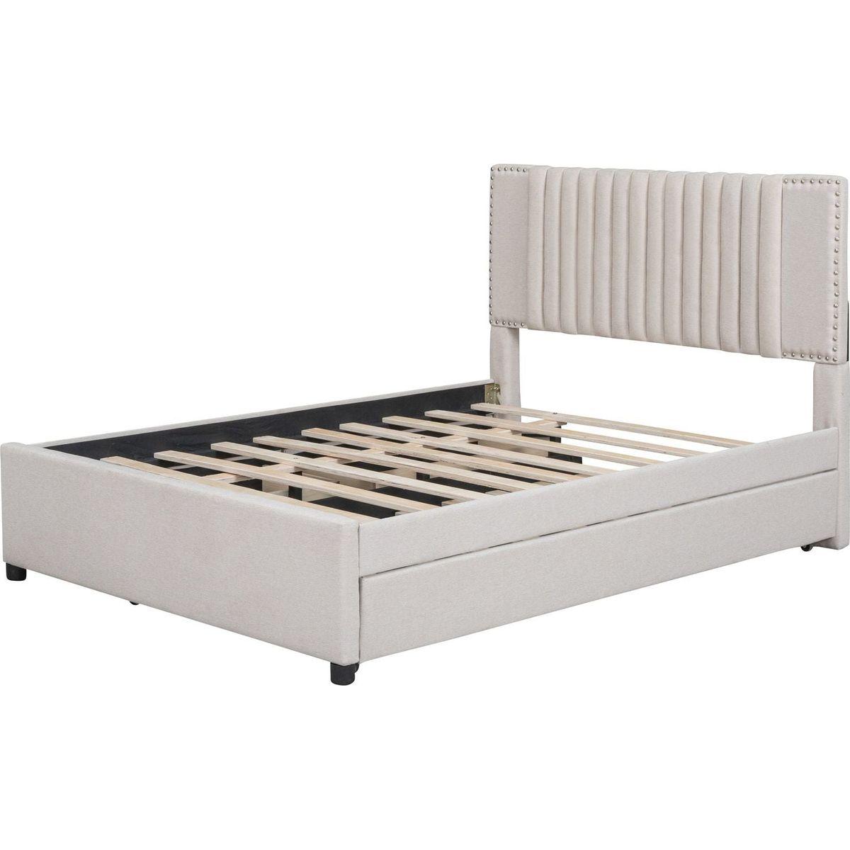 Full Size Upholstered Platform Bed with 2 Drawers and 1 Twin Size Trundle, Classic Headboard Design, Beige