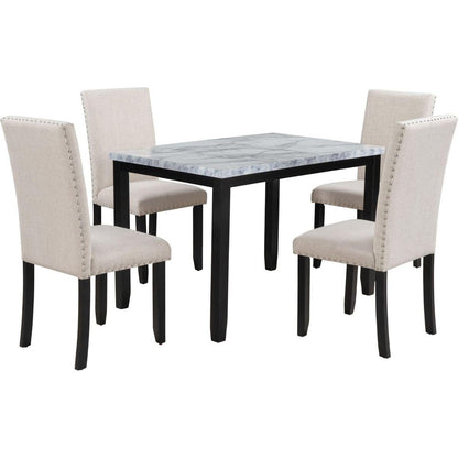 Faux Marble 5-Piece Dining Set Table with 4 Thicken Cushion Dining Chairs Home Furniture, White/Beige+Black