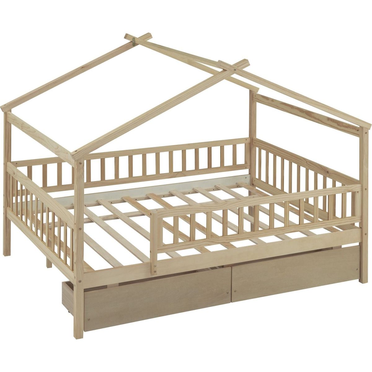 Full Size Wooden House Bed with Two Drawers, Natural