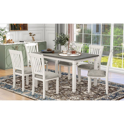 7-Piece Dining Table Set Wood Dining Table and 6 Upholstered Chairs with Shaped Legs for Dining Room/Living Room Furniture (Gray+White)