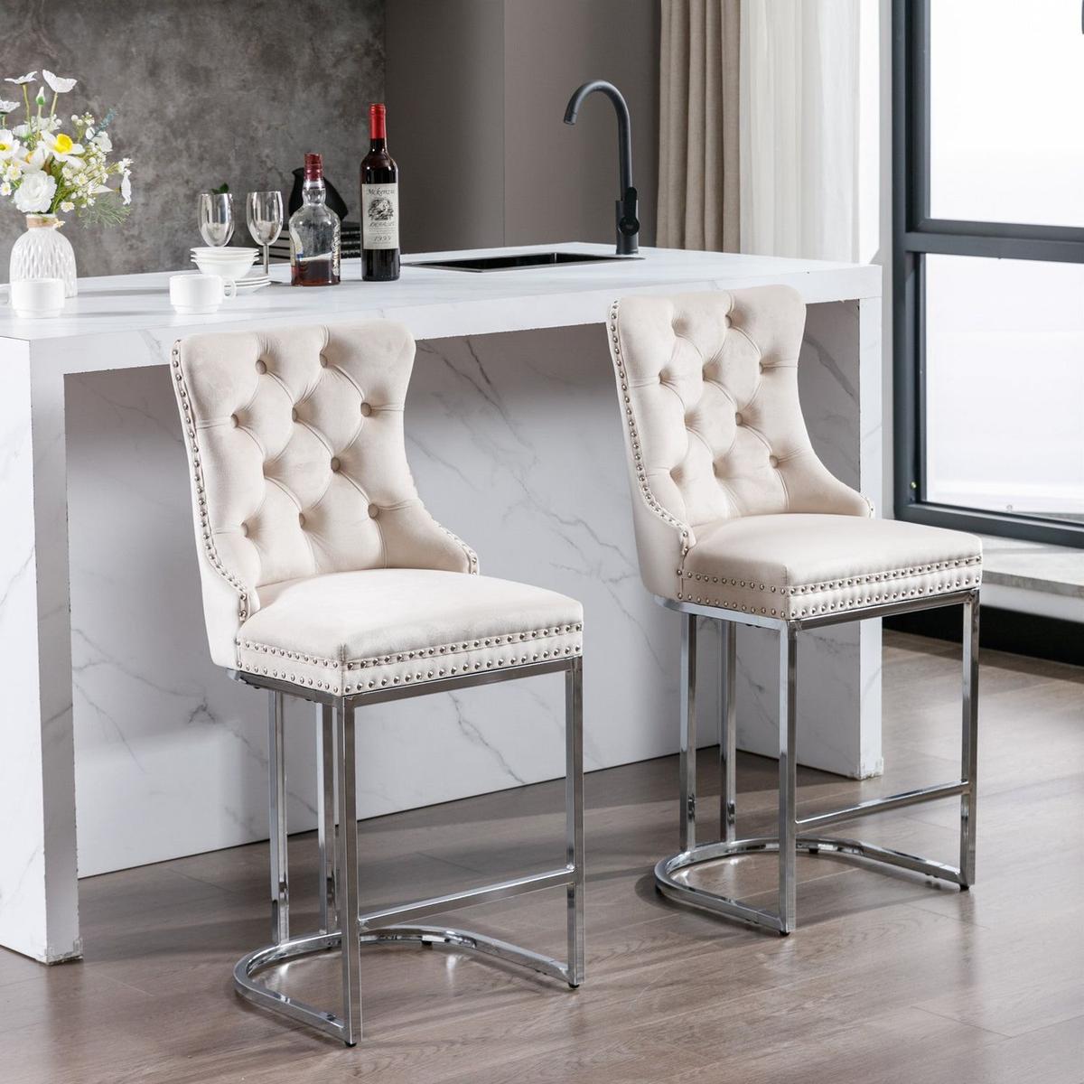 26" Counter Height Bar Stools Set of 2, Modern Velvet Barstools with Button Back&Rivet Trim Upholstered Kitchen Island Chairs with Sturdy Chromed Metal Base Legs Farmhouse Bar Stools, (Beige, 2 Pack)