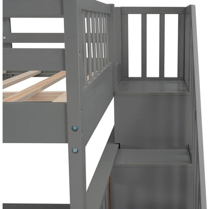 Stairway Full-Over-Full Bunk Bed with Drawer, Storage and Guard Rail for Bedroom, Gray color