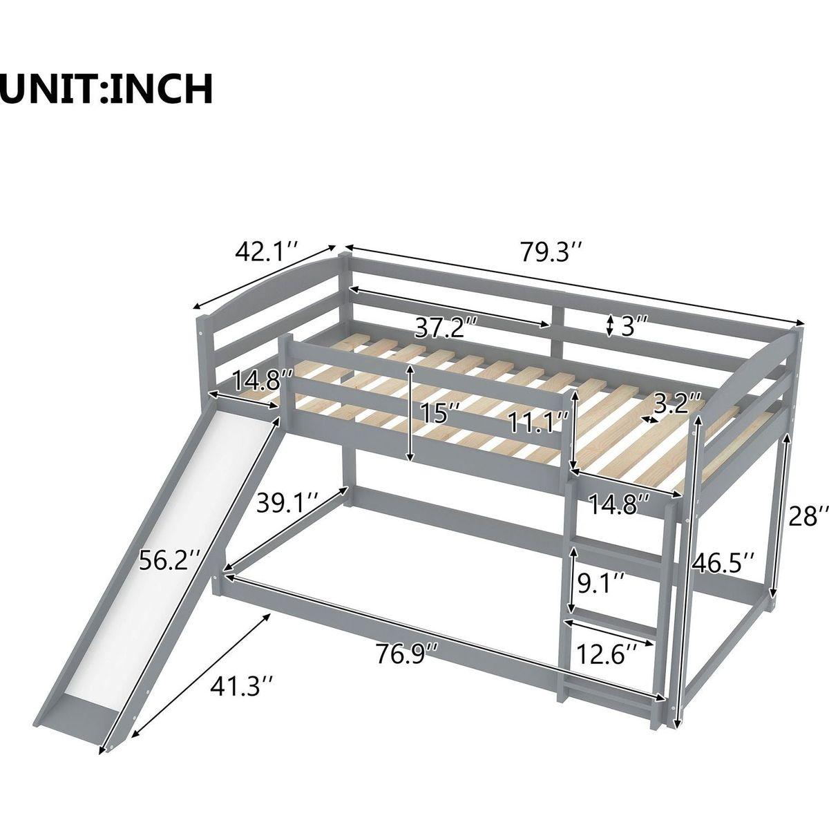Twin over Twin Bunk Bed with Convertible Slide and Ladder, Gray
