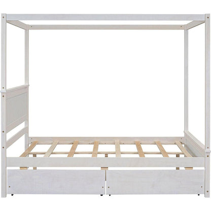 Wood Canopy Bed with two Drawers, Full Size Canopy Platform bed With Support Slats .No Box Spring Needed, Brushed White