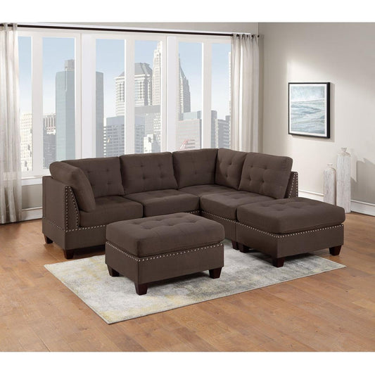 Modular Sectional 6pc Set Living Room Furniture L-Sectional Black Coffee Linen Like Fabric Tufted Nailheads 2x Corner Wedge 2x Armless Chairs and 2x Ottomans