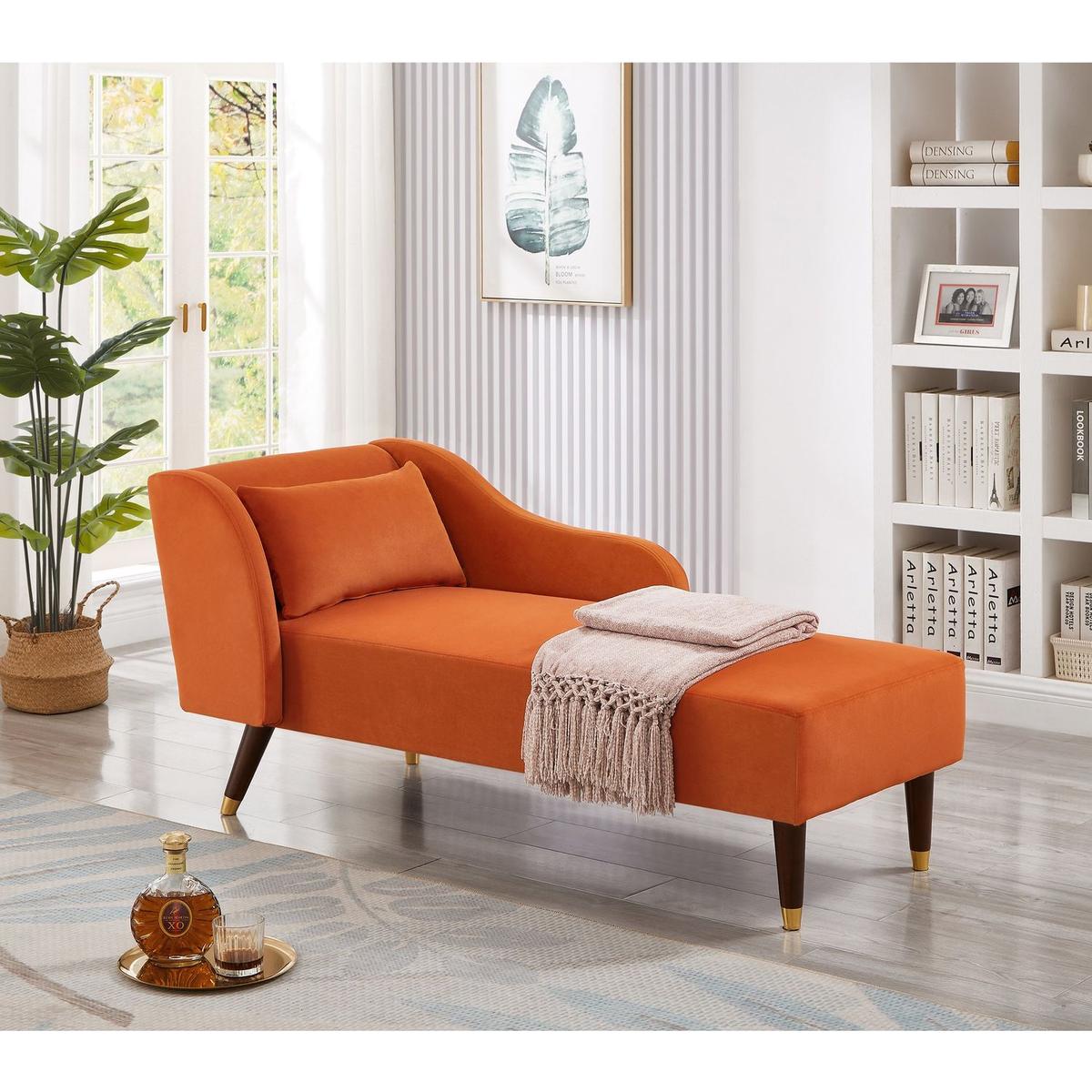 Modern Chaise Lounge Chair Velvet Upholstery (Orange)