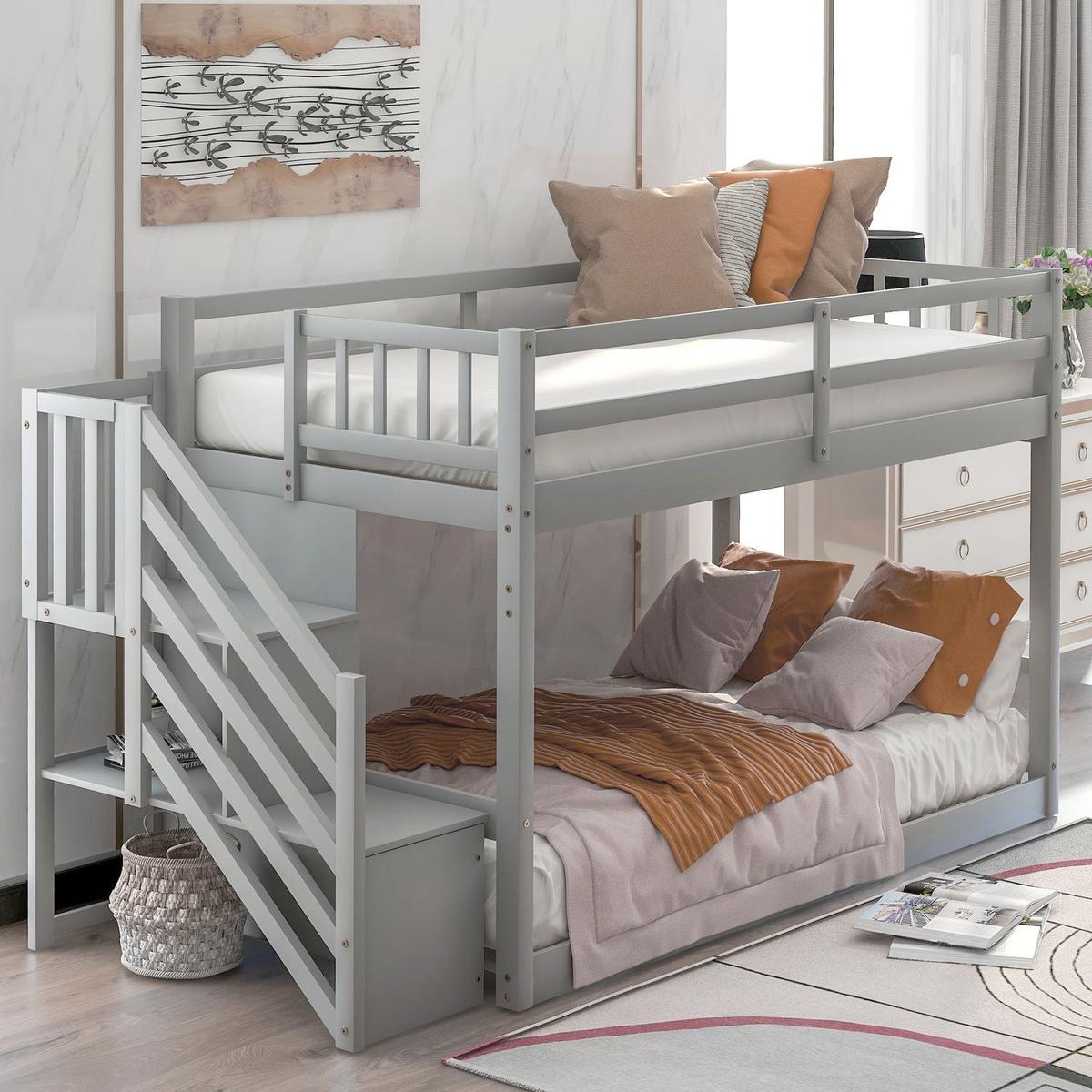 Twin over Twin Floor Bunk Bed, Ladder with Storage, Gray - Streamdale Furniture