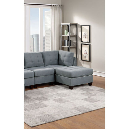 Modular Sectional 6pc Set Living Room Furniture U-Sectional Tufted Nail heads Couch Gray Linen Like Fabric 2x Corner Wedge 2x Armless Chairs and 2x Ottomans