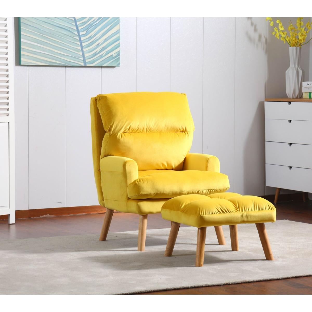 Soft Comfortable 1pc Accent Click Clack Chair with Ottoman Yellow Fabric Upholstered Oak Finish Legs Living Room Furniture