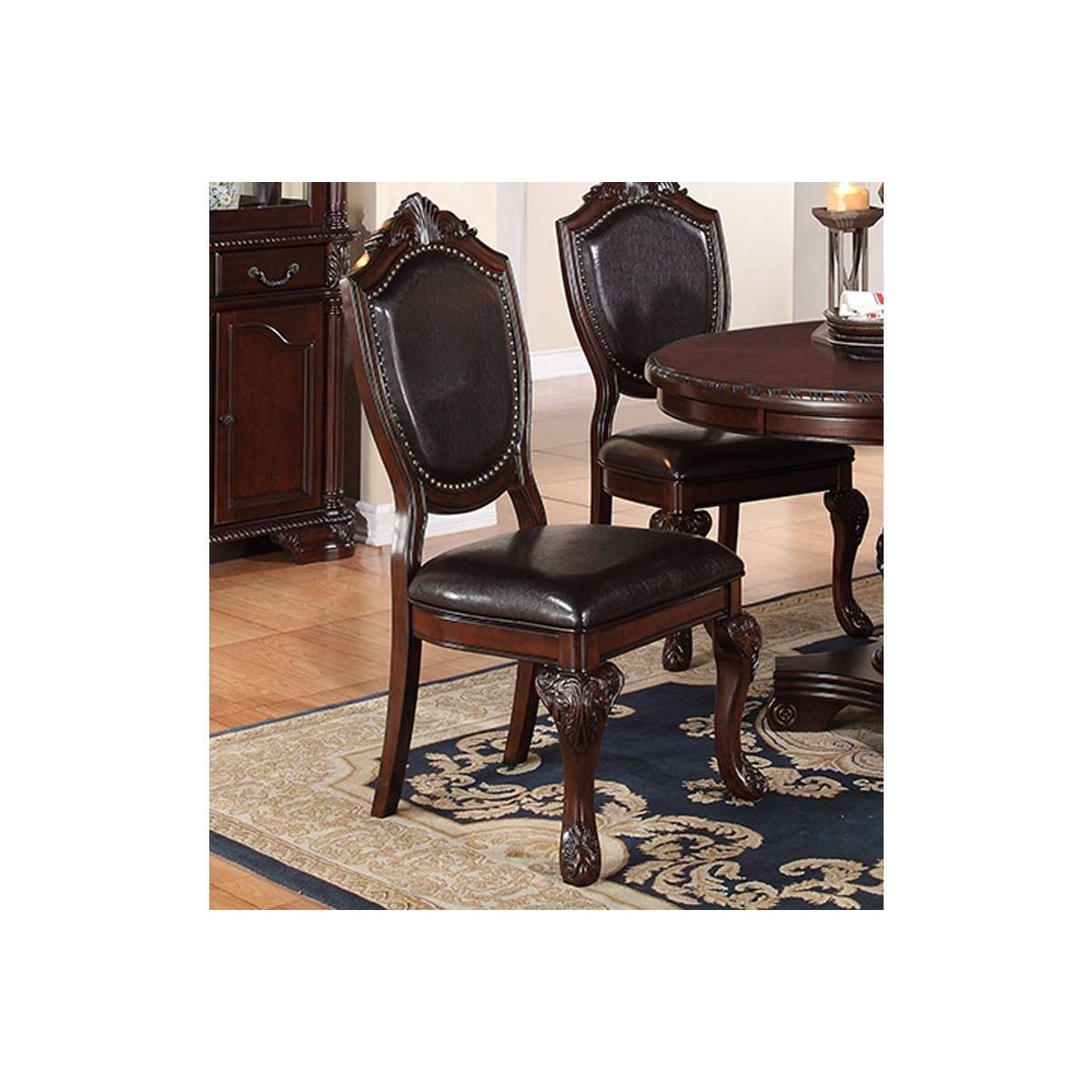 Royal Majestic Formal Set of 2 Side Chairs Brown Color Rubberwood Dining Room Furniture Intricate Design Faux Leather Upholstered Seat