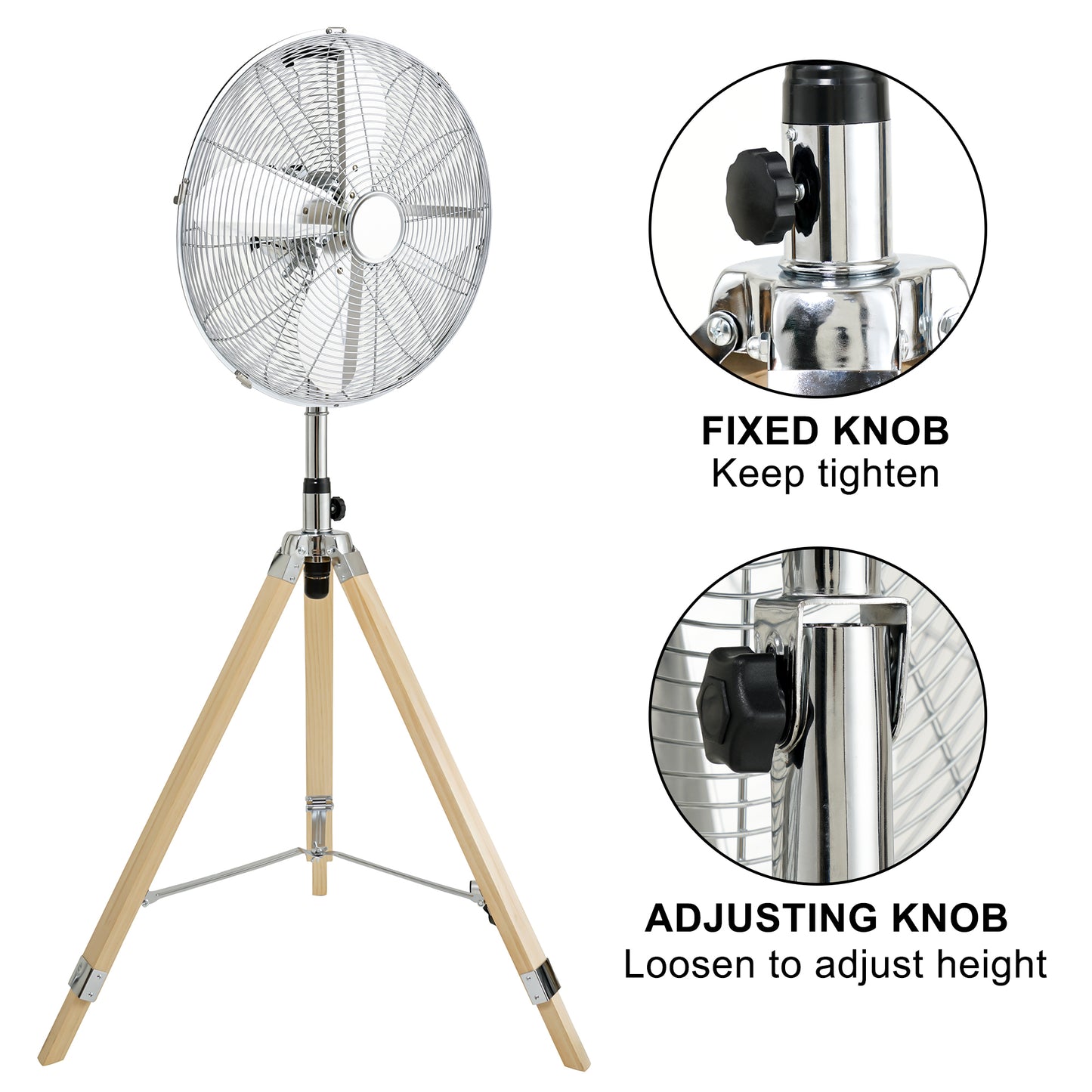 Retro Tripod Fan, Home Air Circulation Nostalgic Vertical Fan, 3 Speeds, Adjustable Height, Silver-16 Inch, 16 Inch