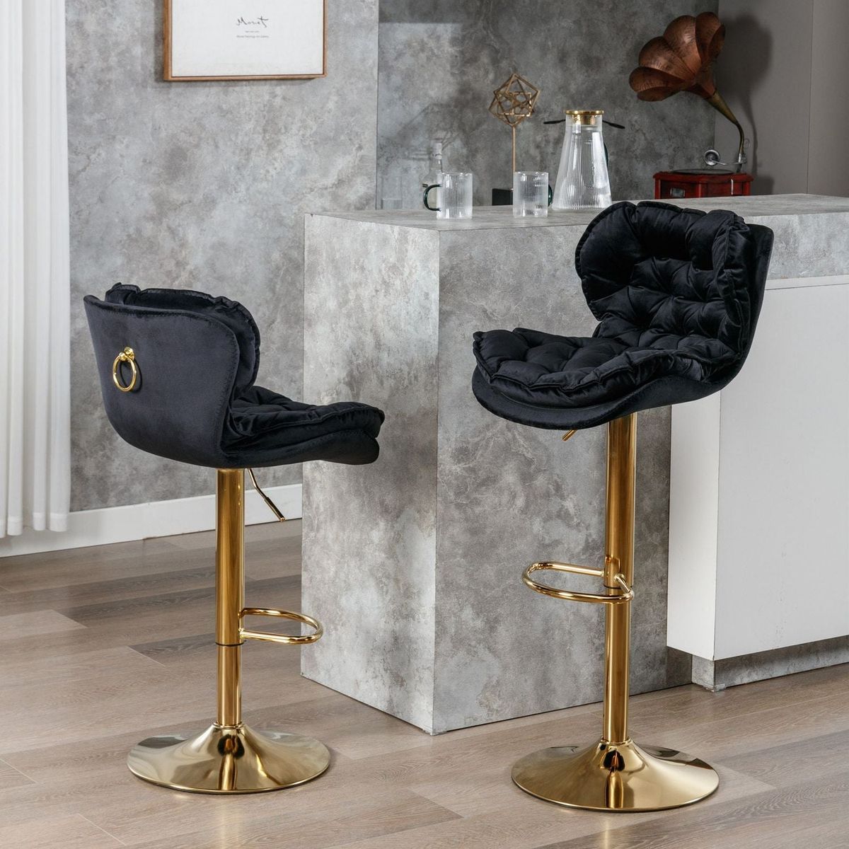 Swivel Bar Stools Set of 2, Velvet Counter Height Adjustable Barstools, Dining Bar Chairs Upholstered Modern Bar Stool for Kitchen Island, Cafe, Bar Counter, Dining Roomlack)