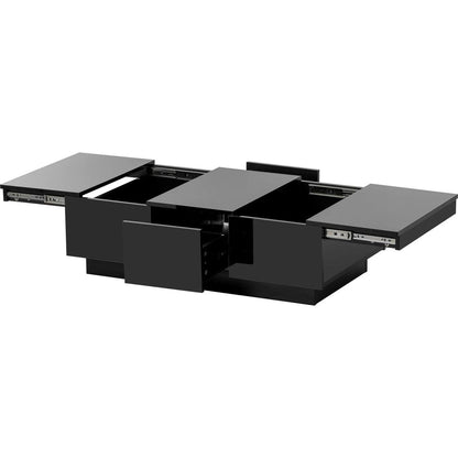 Multifunctional Coffee Table with 2 large Hidden Storage Compartment, Extendable Cocktail Table with 2 Drawers, High-gloss Center Table with Sliding Top for Living Room, 39.3"x21.6", Black