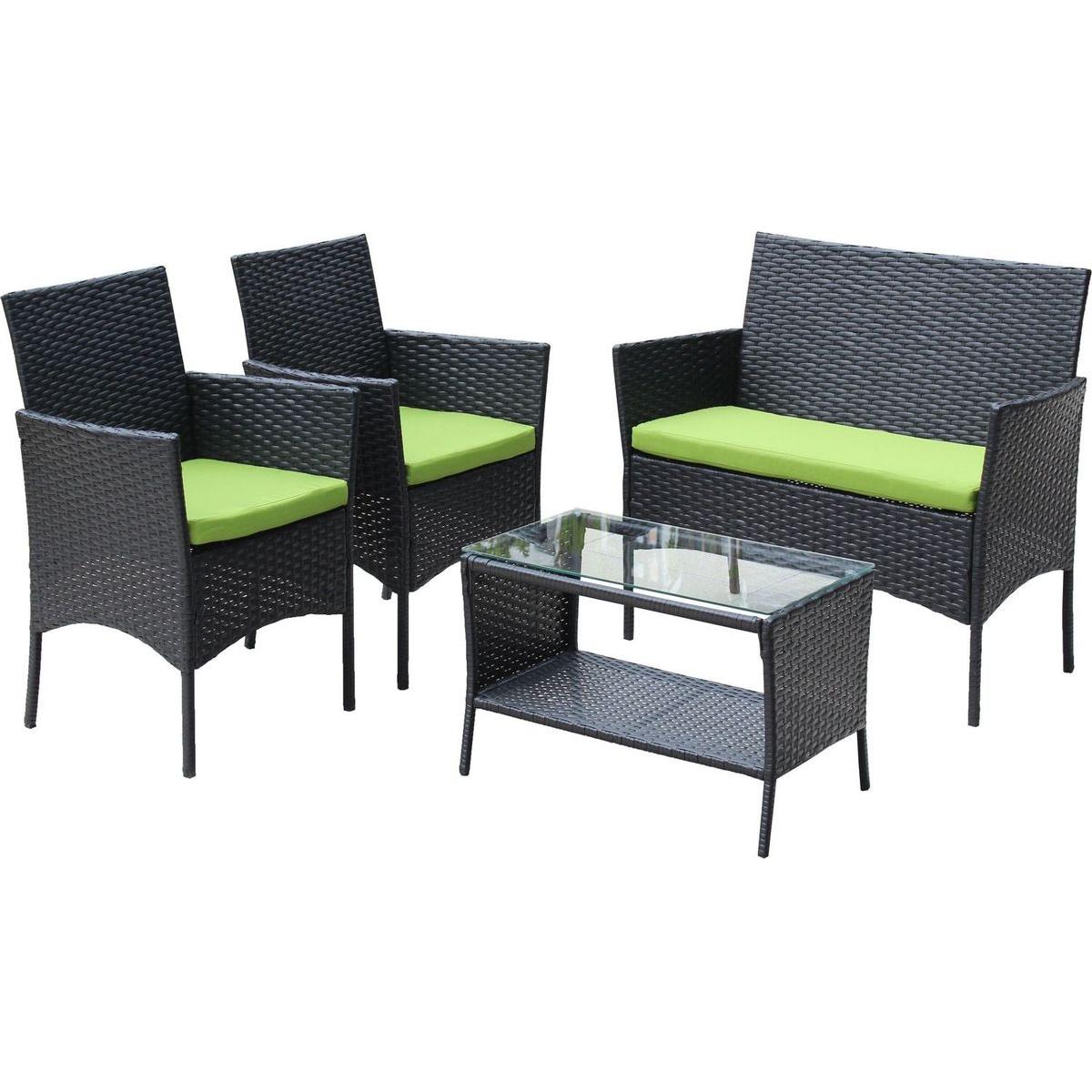 4 PC Rattan Patio Furniture Set Outdoor Patio Cushioned Seat Wicker Sofa (green Cushion)