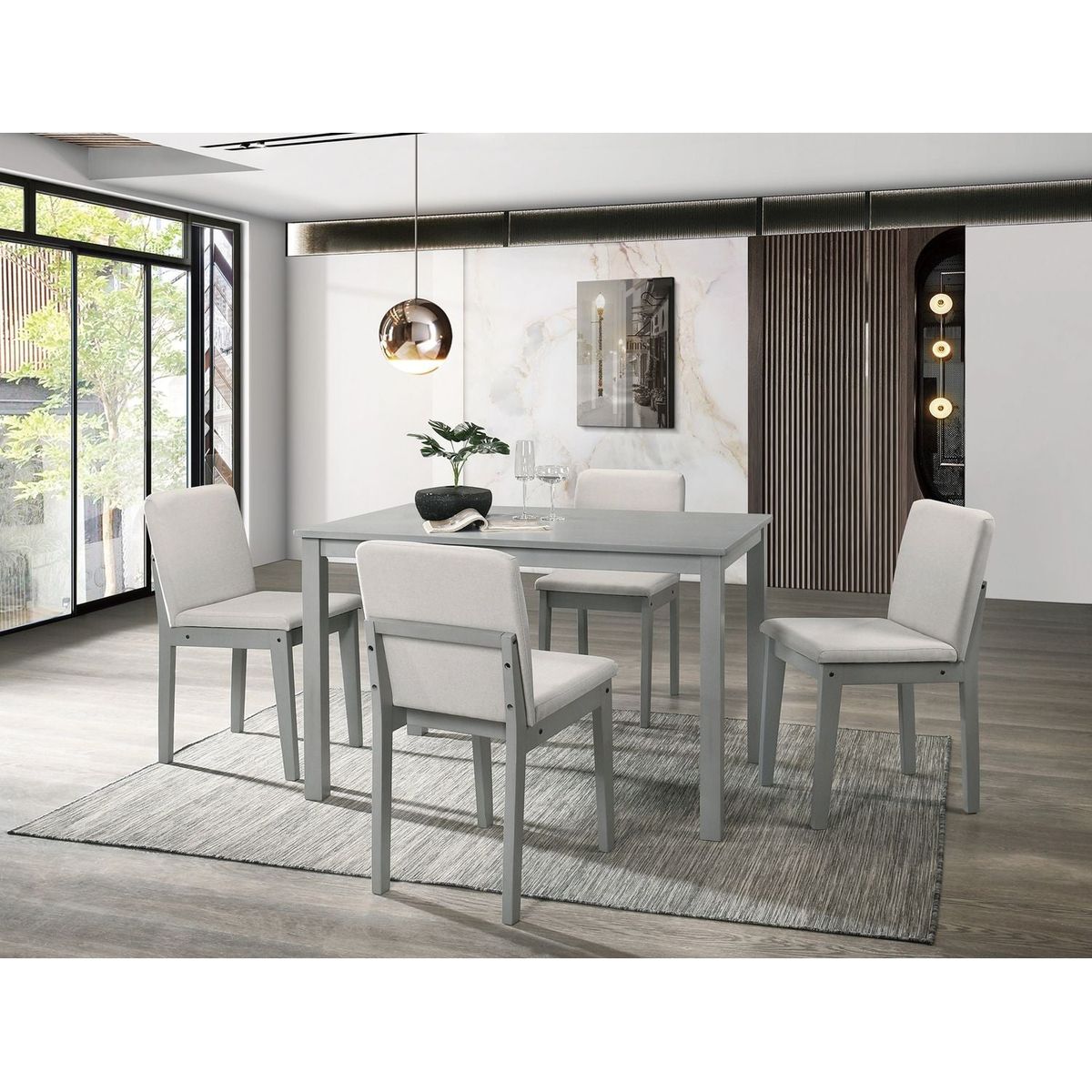 Grey Finish 5pc Dining Room Set Dining Table 4x Chairs Beige Fabric Chair Seat Kitchen Breakfast Dining room Furniture Rubberwood Veneer Unique Design