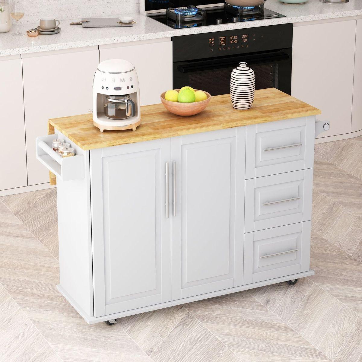 Kitchen Island Cart with 2 Door Cabinet and Three Drawers, 43.31 Inch Width with Spice Rack, Towel Rack (White)