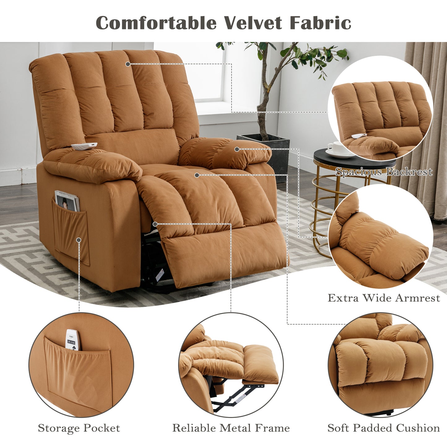 Massage Recliner Chair Electric Power Lift Recliner Chairs with Heat, Vibration, Side Pocket for Living Room, Bedroom, Light Brown