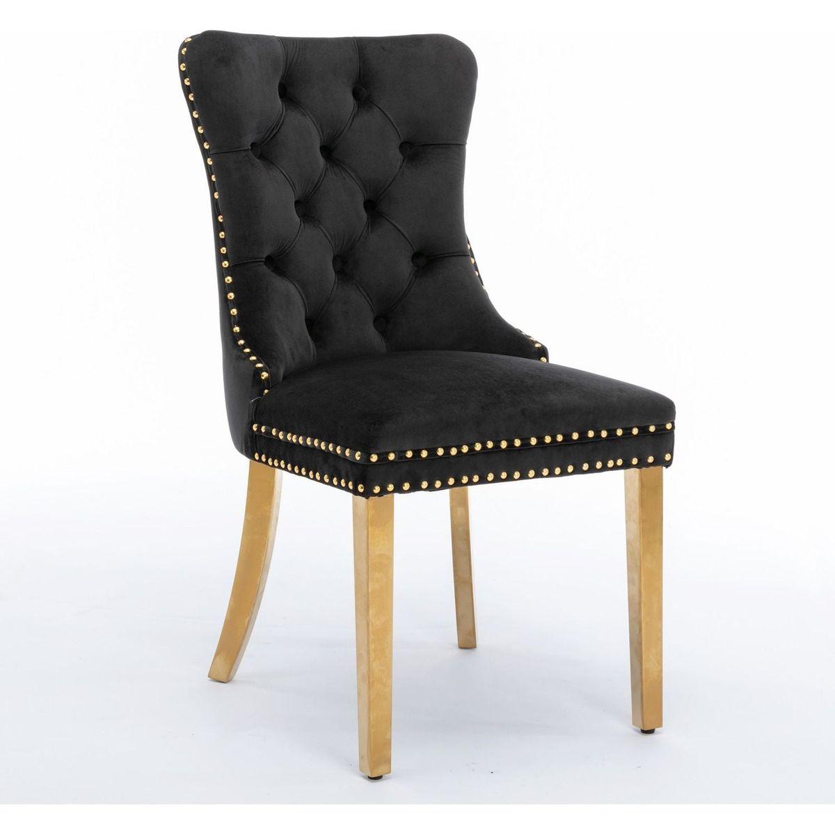 Nikki Collection Modern, High-end Tufted Solid Wood Contemporary Velvet Upholstered Dining Chair with Golden Stainless Steel Plating Legs, Nailhead Trim, Set of 2lack and Gold