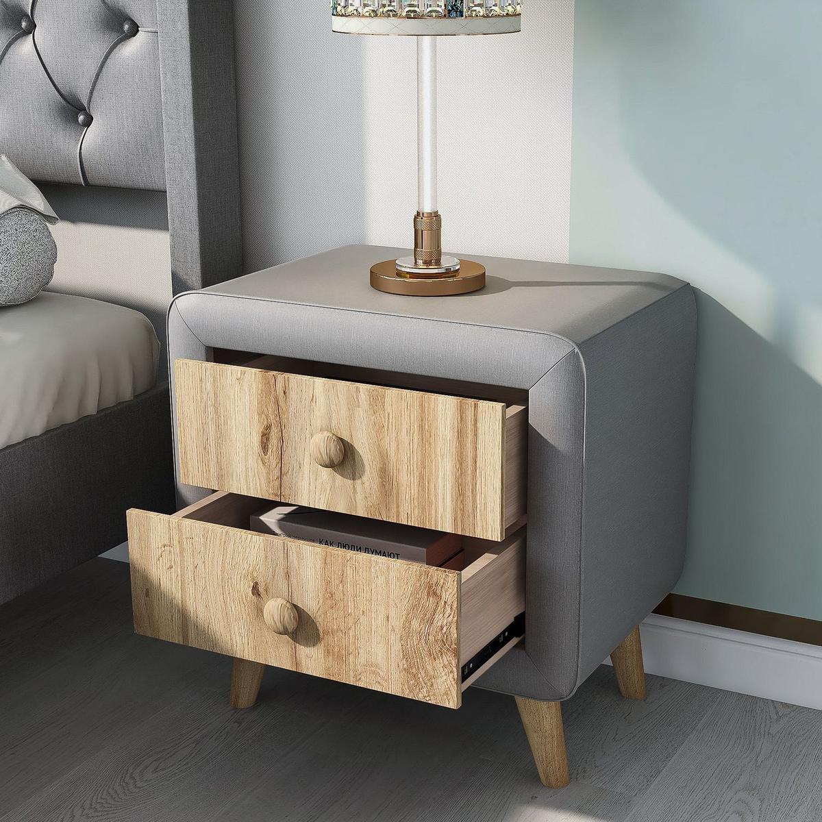 Upholstered Wooden Nightstand with 2 Drawers, Fully Assembled Except Legs and Handles, Bedside Table with Rubber Wood Leg-Gray