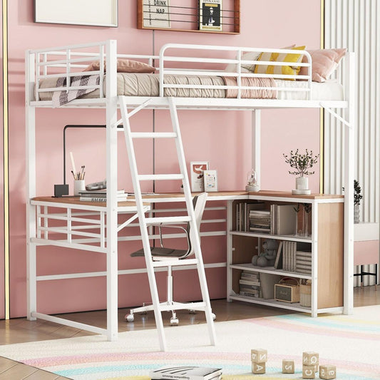 Twin Size Metal Loft Bed with 3 Layers of Shelves and L-shaped Desk, White