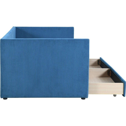 Twin Size Corduroy Daybed with Two Drawers and Wood Slat, Blue