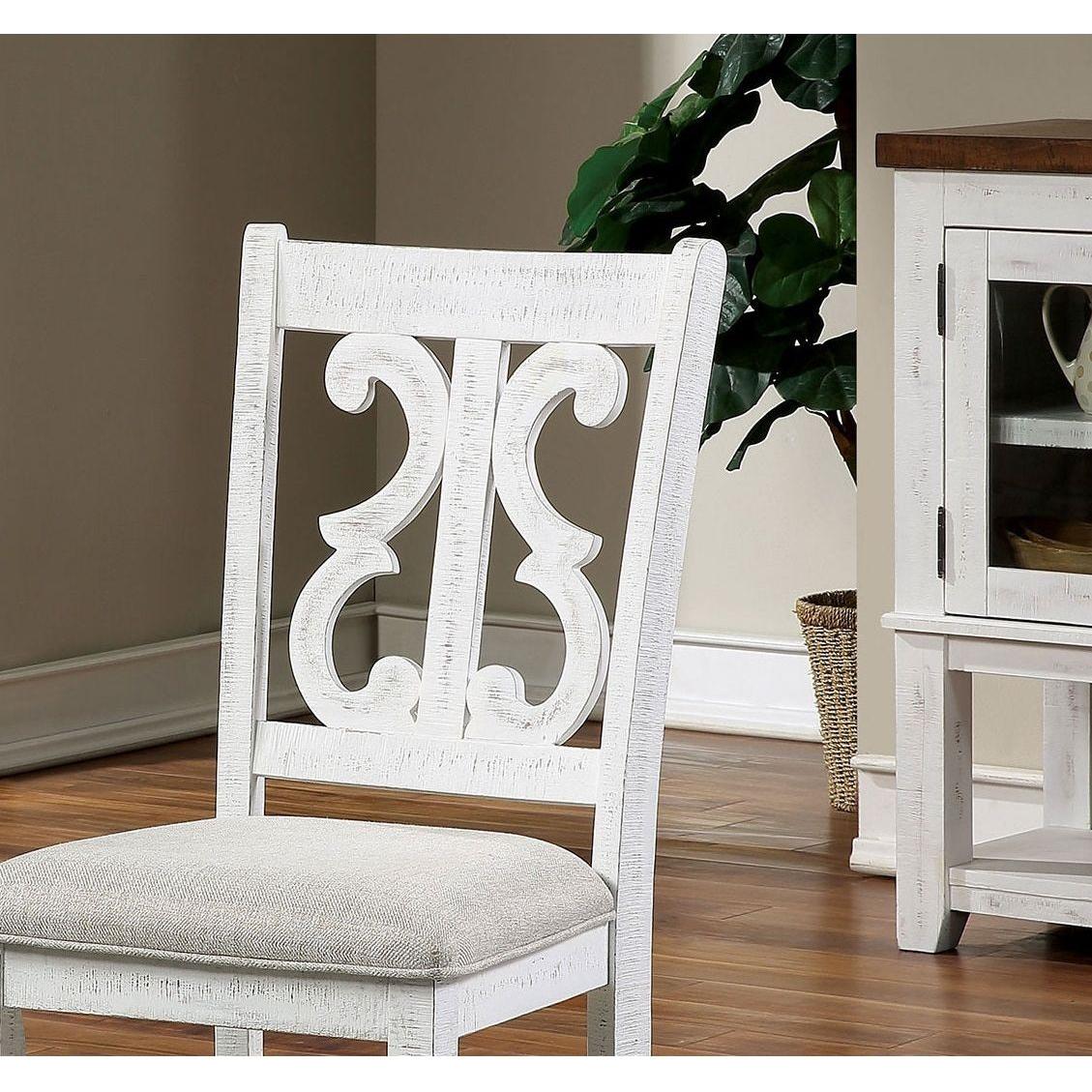 Lavish Design Distressed White 2pcs Dining Chairs Only, Gray Padded Fabric Seat Dining Room Kitchen Furniture Solid wood decorative Back