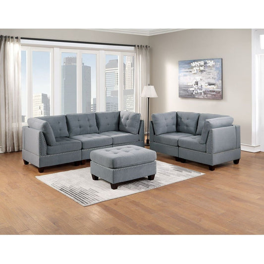 Modular Sofa Set 6pc Set Living Room Furniture Sofa Loveseat Tufted Couch Nail heads Gray Linen Like Fabric 4x Corner Wedge 1x Armless Chair and 1x Ottoman