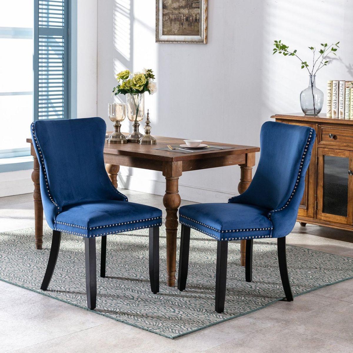 Upholstered Wing-Back Dining Chair with Backstitching Nailhead Trim and Solid Wood Legs, Set of 2, Blue, 8809BL, KD