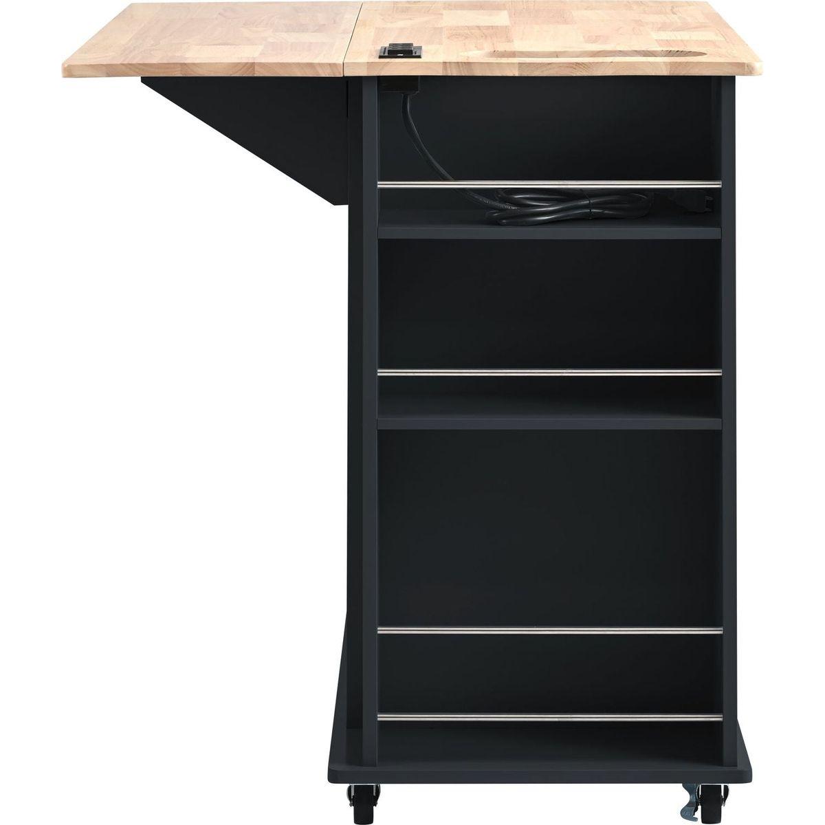 Kitchen Island with Power Outlet,Kitchen Storage Island with Drop Leaf and Rubber Wood,Open Storage and Wine Rack,5 Wheels,with Adjustable Storage for Home, Kitchen, and Dining Room, Black