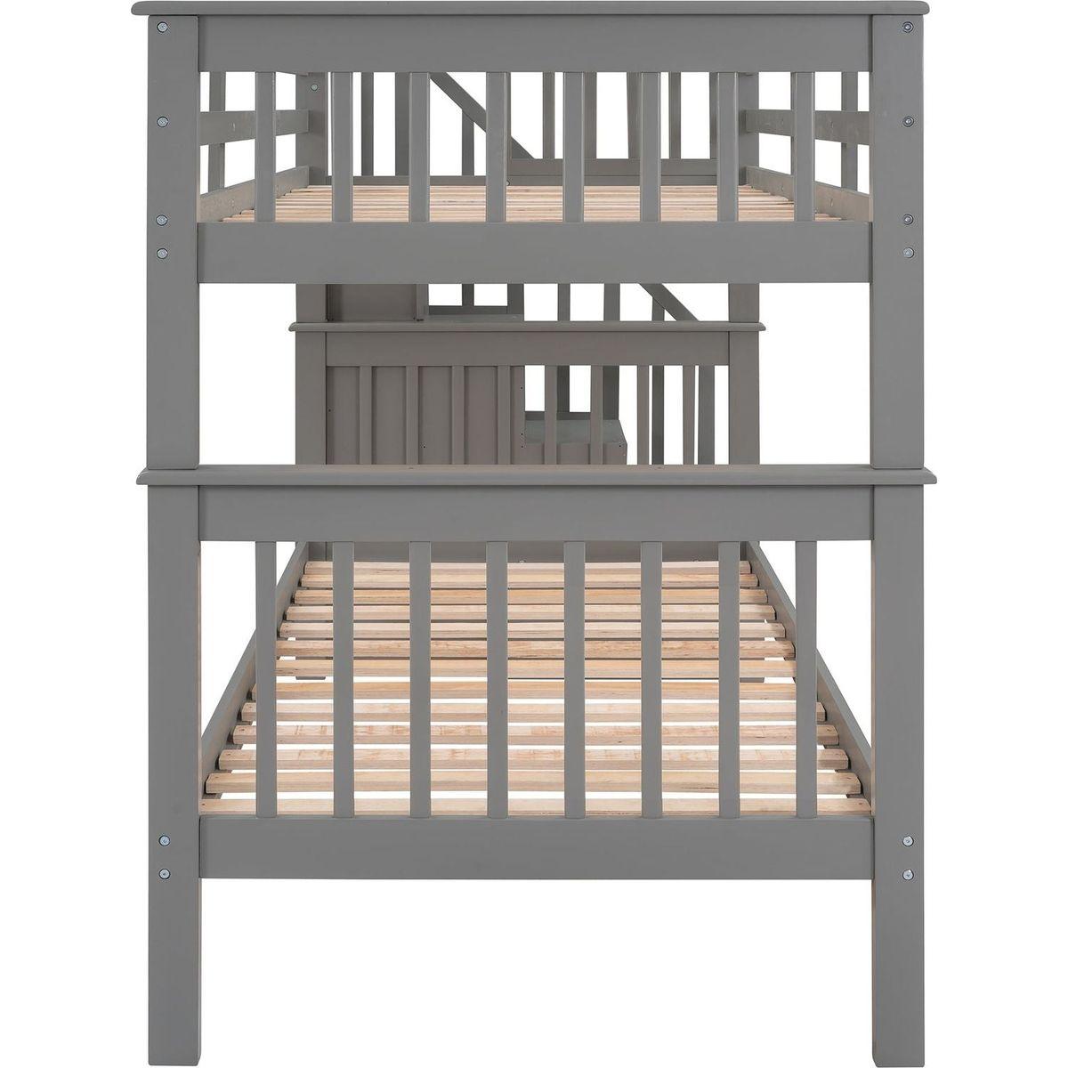 Stairway Twin-Over-Twin Bunk Bed with Three Drawers for Bedroom, Dorm - Gray - Streamdale Furniture